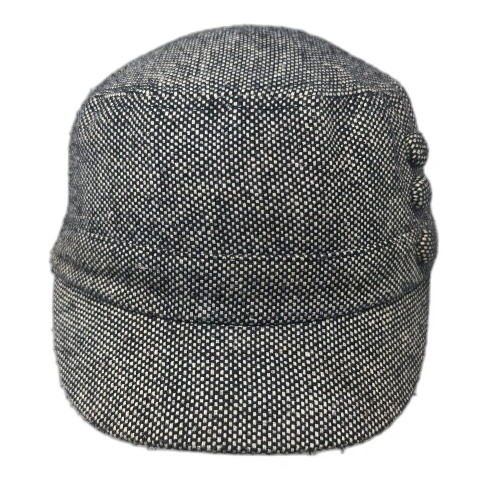 Army Cap Black White One Size Tweed Woven Fabric Side Buttons Cadet Hat